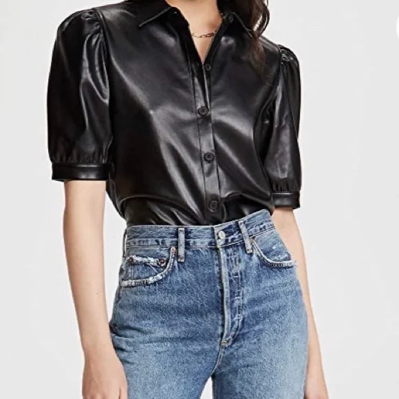 BB Dakota Puff Sleeve Leather Tuxedo Top XS - Picture 2 of 10
